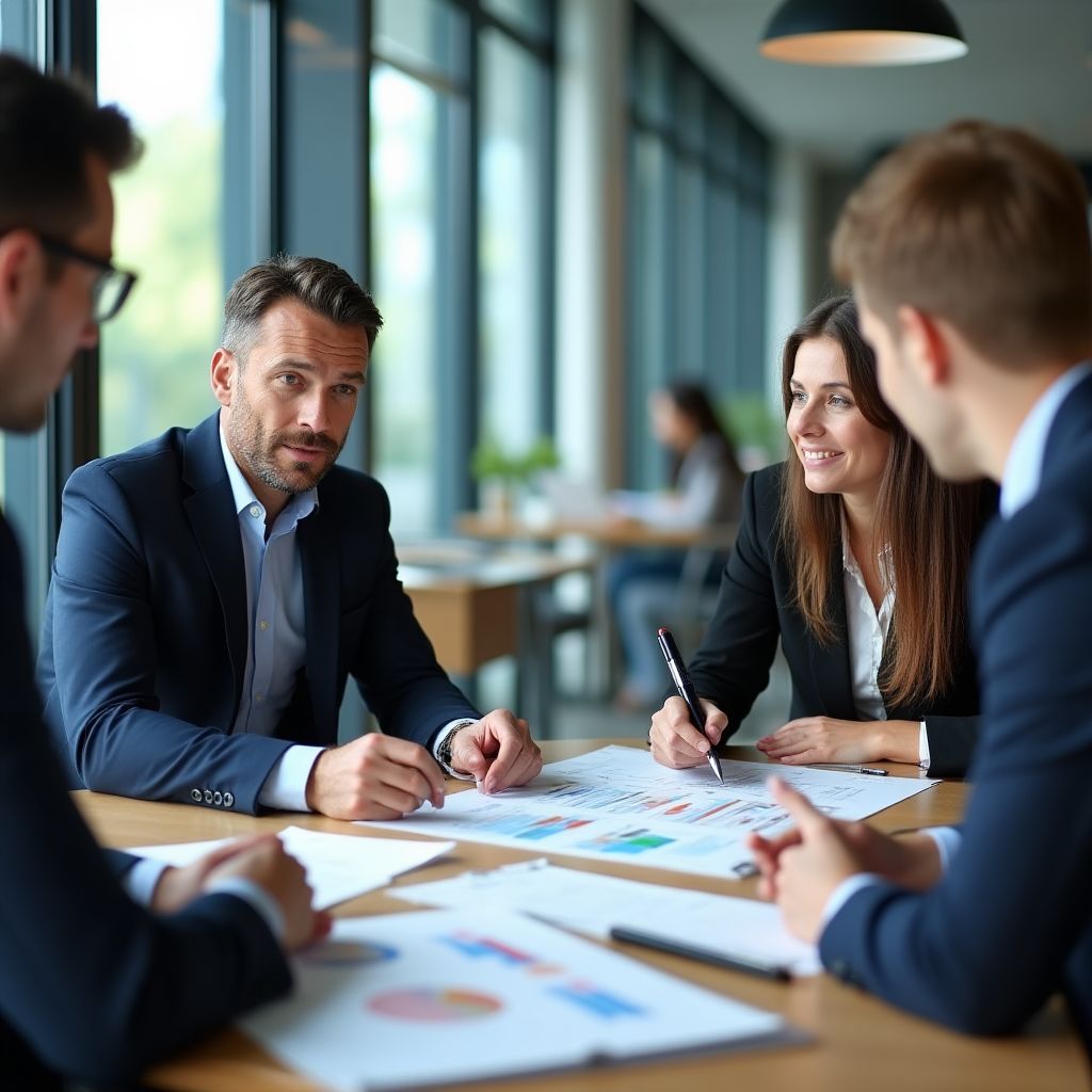 Equipo de consultores financieros en reunión estratégica